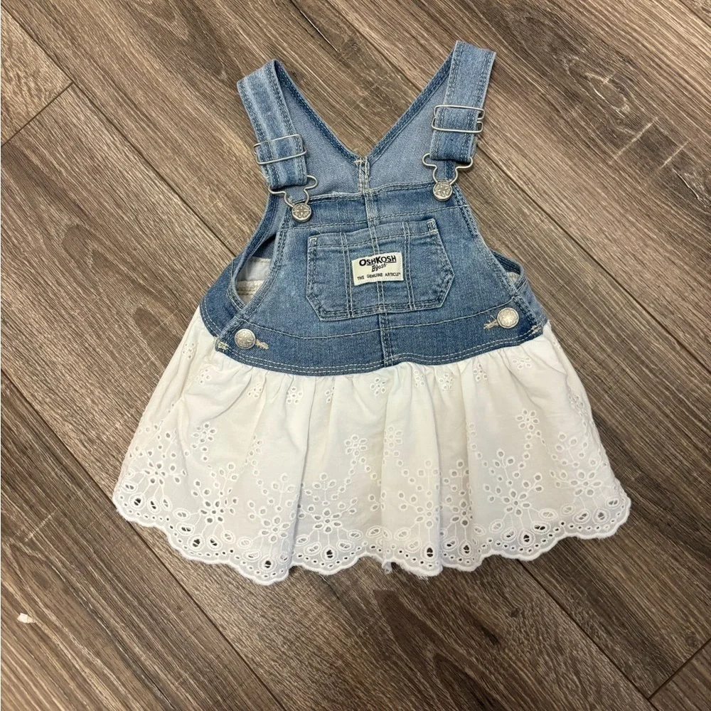 Oshkosh B'Gosh Baby Denim Jumper Dress White Eyelet Skirt Vestbak 6 Months